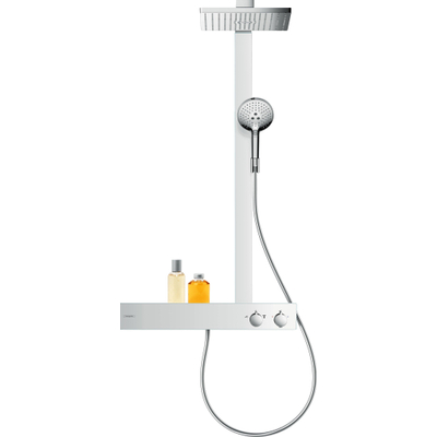 Hansgrohe Raindance E Square Set de douche avec douche pluie E300 1 jet et robinet de douche thermostatique ShowerTablet 600 mural EcoSmart entraxe =15cm chrome