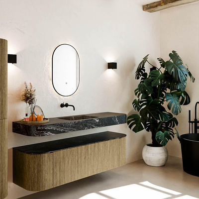 MONDIAZ THOR-DLUX 160cm meuble de salle de bains arrondi gauche + droite couleur Dusk avec 1 tiroir et 2 portes. Vasque suspendue CLOUD Centre sans trou de robinet couleur Lava.