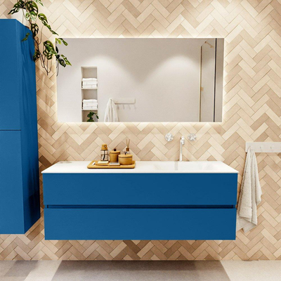 Mondiaz VICA ensemble de meuble de salle de bain - 140cm - meuble sous-vasque jeans - 2 tiroirs - lavabo cloud droite - 1 trou de robinet - couleur talc - miroir LED - version XL 60cm de haut