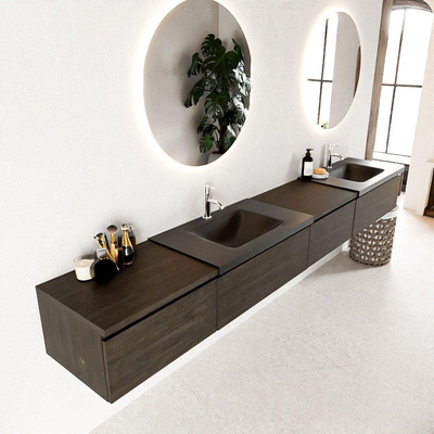 MONDIAZ BUKLA 280cm badmeubel met module 60 rechts kleur Dark Brown met 4 lades. Wastafel CLOUD dubbel 2 kraangaten kleur Urban.