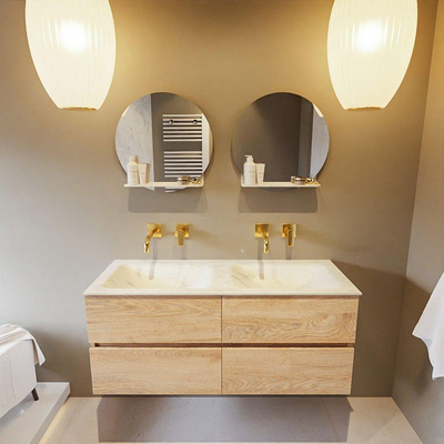 MONDIAZ VICA-DLUX Ensemble meuble de salle de bains - 120cm - sous-meuble chêne lavé - 4 tiroirs - lavabo encastré cloud double - sans trous de robinet - version haute 60cm - opalo