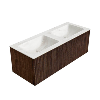 MONDIAZ KURVE-DLUX 120cm badmeubel kleur Walnut met 1 lade. Wastafel LEAF dubbel 2 kraangaten kleur Ostra.