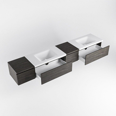 MONDIAZ BUKLA 240cm ensemble de meuble avec module 40 à droite couleur Marron Foncé avec 4 tiroirs. Lavabo CLOUD double 2 trous de robinet couleur Talc.