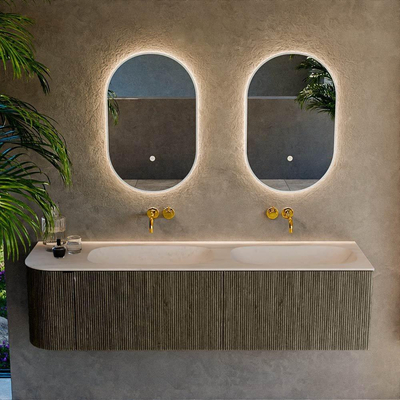 MONDIAZ KURVE-DLUX 165cm meuble de salle de bains arrondi gauche couleur Shadow avec 2 tiroirs et 1 porte. Lavabo STOR SMALL Double / Droite sans trou de robinet Meli.