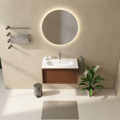 Saniclass Holz Frame Ensemble de meubles de salle de bains - 80x45x53.9cm - Lavabo Chaci en céramique blanc - 1 vasque - 1 trou de robinetterie - 1 tiroir - walnut pure mat (bois)