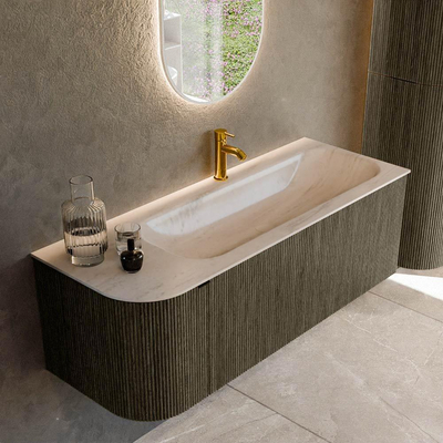 MONDIAZ KURVE-DLUX Meuble de salle de bains 125cm arrondi à gauche couleur Shadow avec 1 tiroir et 1 porte. Lavabo BIG MEDIUM à droite 1 trou de robinet Meli.