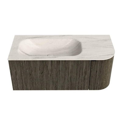 MONDIAZ KURVE-DLUX meuble de salle de bain 105cm arrondi à droite couleur Shadow avec 1 tiroir et 1 porte. Lavabo BIG SMALL à gauche sans trou de robinetterie Meli.