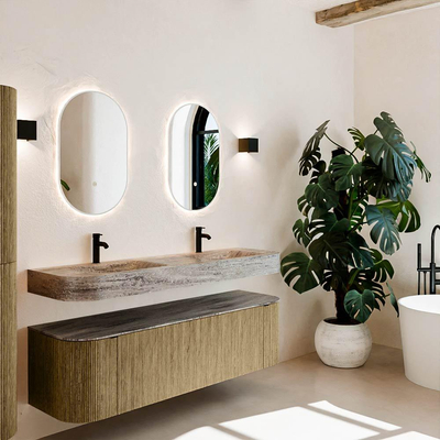 MONDIAZ THOR-DLUX 160cm meuble de salle de bains arrondi gauche + droite couleur Dusk avec 1 tiroir et 2 portes. Vasque suspendue CLOUD Double 2 trous de robinet couleur Oza.