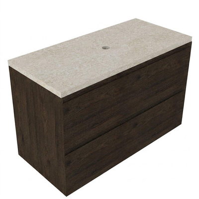 Saniclass Holz Pure Ensemble meuble de salle de bains - 100x45x63cm - Plan de travail en pierre naturelle travertin - sans trou de robinet - 2 tiroirs - chêne charcoal mat (bois)