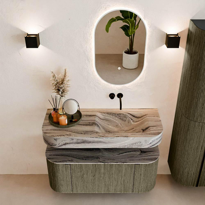 MONDIAZ THOR-DLUX 110cm badmeubel ronding links + rechts kleur Shadow met 1 lade en 2 deuren. Vrijhangende wastafel CLOUD Rechts zonder kraangat kleur Sombra.