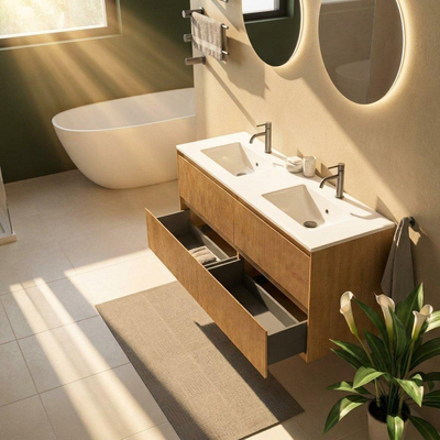 Saniclass Holz Atelier Ensemble de meubles de salle de bains - 140x45x62cm - Lavabo Vygo en céramique blanc - 2 vasques - 2 trous de robinetterie - 4 tiroirs - chêne naturel brillant (bois)