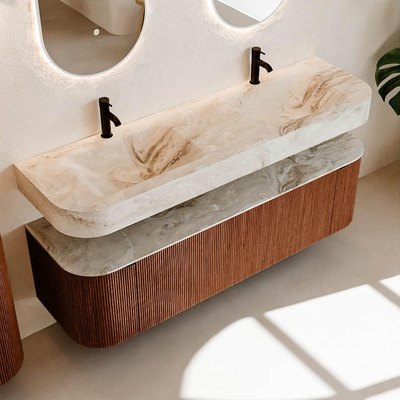 MONDIAZ THOR-DLUX 160cm meuble de salle de bains arrondi gauche + droite couleur Ruby avec 1 tiroir et 2 portes. Vasque suspendue CLOUD Double 2 trous de robinet couleur Frappe.