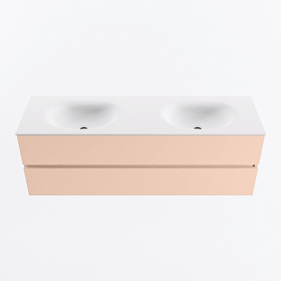 MONDIAZ VICA Ensemble meuble de salle de bains - 150cm - meuble bas rosee - 2 tiroirs - plan-vasque moon double - sans trous de robinet - version haute 60cm - talc