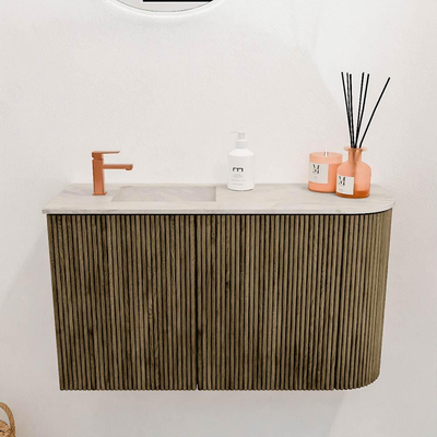 Mondiaz JOYA-DLUX 71.6cm toiletmeubel - ronding rechts kleur Dusk - Wastafel FAYE positie Links 1 kraangat kleur Ostra.