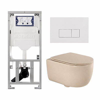 QeramiQ Dely Swirl Ensemble WC- 36.3x51.7cm - Réservoir encastré Geberit UP320 - abattant fin - Plaque de commande blanc brillant - Boutons rectangulaires - Beige