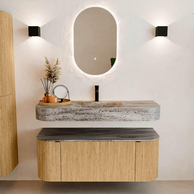 MONDIAZ THOR-DLUX 120cm badmeubel ronding links + rechts kleur Oak met 1 lade en 2 deuren. Vrijhangende wastafel CLOUD Midden 1 kraangat kleur Oza.