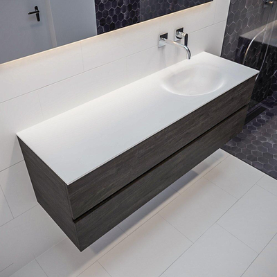 Mondiaz VICA ensemble de meuble de salle de bain - 150cm - meuble sous-vasque marron foncé - 2 tiroirs - lavabo Moon droite - sans trous de robinet - version XL 60cm de haut