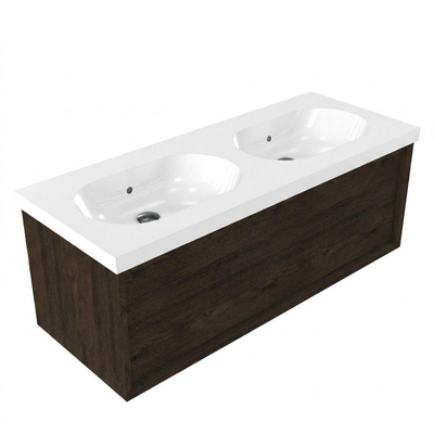 Saniclass Holz Frame Ensemble meuble de salle de bains - 120x45x43.5cm - lavabo Palermo en céramique blanc - 2 vasques - sans trous de robinetterie - 1 tiroir - chêne charcoal mat (bois)