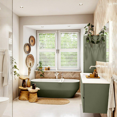 Mondiaz VICA Ensemble meuble de salle de bains - 170cm - army - 4 tiroirs - Lavabo MOON - gauche - sans trou de robinet - couleur talc - Version XL 60cm de haut