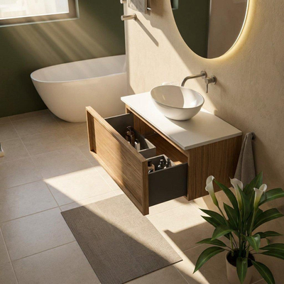 Saniclass Holz Frame Ensemble de meubles de salle de bains - 100x45x42.5cm - Plan de toilette Torino en solid surface blanc - sans trou de robinet - 1 tiroir - chêne naturel mat (bois)