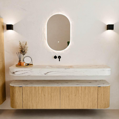 MONDIAZ THOR-DLUX 180cm badmeubel ronding links + rechts kleur Oak met 2 lades en 2 deuren. Vrijhangende wastafel CLOUD Midden zonder kraangat kleur Nata.