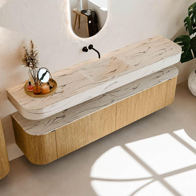 MONDIAZ THOR-DLUX 200cm badmeubel ronding links + rechts kleur Oak met 2 lades en 2 deuren. Vrijhangende wastafel CLOUD Midden zonder kraangat kleur Nata.