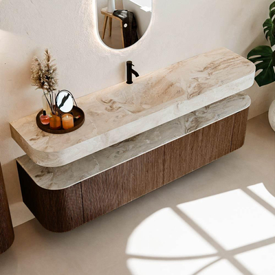 MONDIAZ THOR-DLUX Meuble de salle de bains 190cm arrondi gauche + droite couleur Walnut avec 2 tiroirs et 2 portes. Vasque suspendue CLOUD Milieu 1 trou de robinet couleur Frappe.