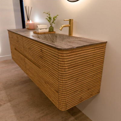 Mondiaz CIRO-DLUX Ensemble de meubles de salle de bains - 160x45x50cm - lavabo solid surface Oza - 1 vasque à droite - 1 trou de robinet - 4 tiroirs - Chêne