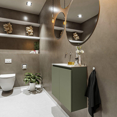 MONDIAZ TURE Toiletmeubel 60x23x50cm met 0 kraangaten 2 deuren army mat Wastafel Eden links Solid Surface Wit