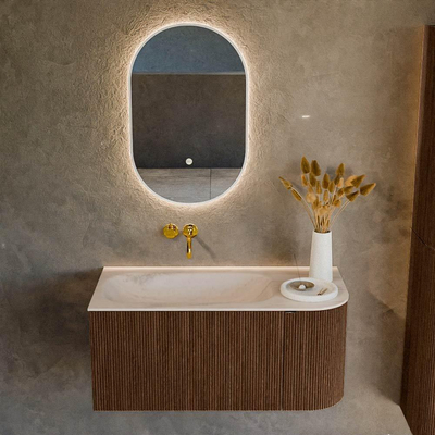 MONDIAZ KURVE-DLUX Meuble de salle de bains 95cm arrondi à droite couleur Walnut avec 1 tiroir et 1 porte. Lavabo BIG SMALL gauche sans trou de robinet Meli.