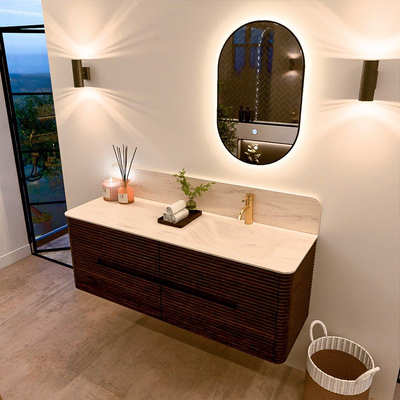 Mondiaz CIRO-DLUX Meuble de salle de bains - 140x45x50cm - Plan-vasque en solid surface Meli - 1 vasque à droite - 1 trou de robinetterie - 4 tiroirs - Noyer