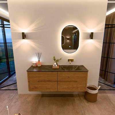 Mondiaz CIRO-DLUX Badkamermeubelset - 140x45x50cm - Solid surface wastafel Lava - 1 wasbak Rechts - zonder kraangaten - 4 lades - Oak