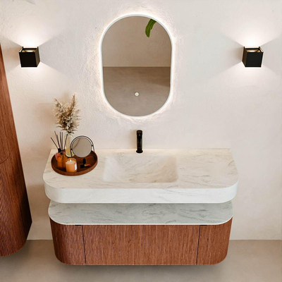 MONDIAZ THOR-DLUX 130cm meuble de salle de bains arrondi gauche + droite couleur Ruby avec 1 tiroir et 2 portes. Vasque suspendue CLOUD Milieu 1 trou de robinet couleur Opalo.