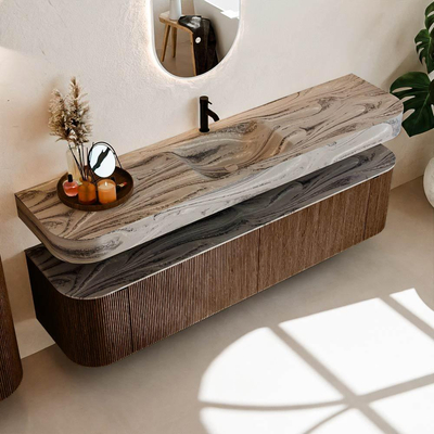 MONDIAZ THOR-DLUX Meuble de salle de bains 190cm arrondi gauche + droite couleur Walnut avec 2 tiroirs et 2 portes. Vasque suspendue CLOUD Milieu 1 trou de robinet couleur Sombra.