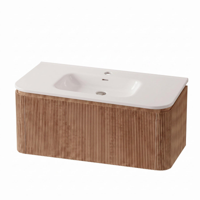 Royal Plaza Terra Edge Ensemble meuble de salle de bains - 100x45.5x46cm - vasque en céramique blanc brillant - 1 vasque - 1 trou de robinet - 2 tiroirs - sandwood (chêne clair)