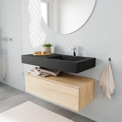 MONDIAZ ALAN 100cm - meuble sous-vasque - chêne blanchi - 1 tiroir - lavabo suspendu - cuve à droite - 1 trou de robinet - urban