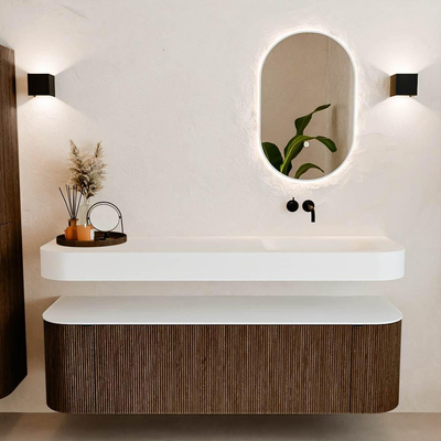 MONDIAZ THOR 160cm meuble de salle de bains arrondi gauche + droite couleur Walnut avec 1 tiroir et 2 portes. Vasque suspendue CLOUD Droite sans trou de robinet couleur Talc.