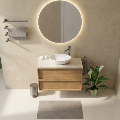 Saniclass Holz Frame Ensemble de meubles de salle de bains - 100x45x63cm - Plan de travail en pierre naturelle travertin - 1 trou de robinetterie - 2 tiroirs - chêne natural mat (bois)