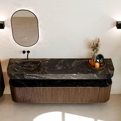 MONDIAZ THOR-DLUX Meuble de salle de bains - 190cm - arrondi gauche + droite - couleur Walnut - 2 tiroirs et 2 portes - Vasque suspendue CLOUD gauche sans trou de robinet - couleur Lava