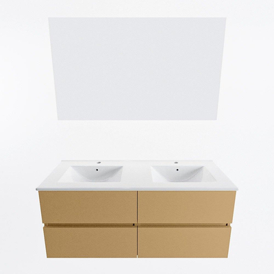 Mondiaz VICA ensemble de meuble de salle de bain - 120cm - meuble sous-vasque oro - 4 tiroirs - lavabo denia double - 2 trous de robinet - couleur Blanc Brillant - miroir LED - version XL 60cm de haut