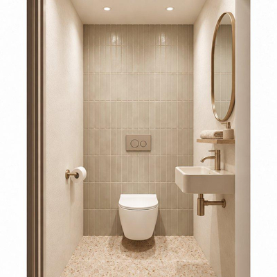 Adema Salina 2.0 Toiletset - 48.5x36x32cm - diepspoel - spoelrandloos - QeramiQ inbouwreservoir - softclose - quickrelease - toiletzitting - taupe kunststof bedieningsplaat - ronde knoppen - wit