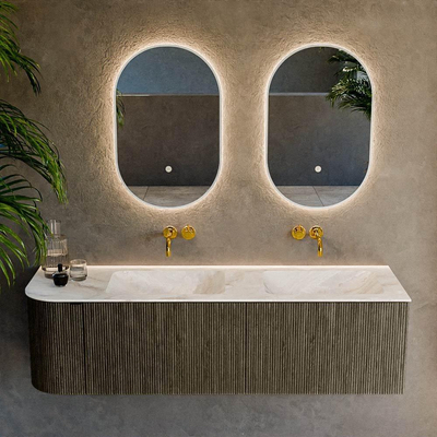 Mondiaz KURVE-DLUX Ensemble de meubles de salle de bains - 155x46x40cm - 2 tiroirs - 1 porte - lavabo solid surface - double / droite - sans trou de robinet - Shadow