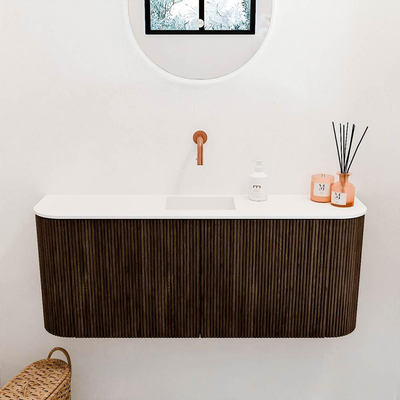 Mondiaz JOYA 103.2cm toiletmeubel - ronding links en rechts kleur Walnut - Wastafel FAYE positie Midden Zonder kraangat kleur Talc.