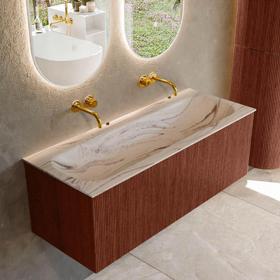 MONDIAZ KURVE-DLUX Meuble de salle de bains 120 cm couleur Ruby avec 1 tiroir et 0 porte. Lavabo BIG LARGE Central sans trou de robinet Nata.