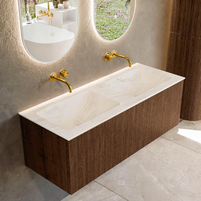 MONDIAZ KURVE-DLUX 120cm badmeubel kleur Walnut met 1 lade. Wastafel LEAF dubbel zonder kraangat kleur Ostra.