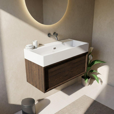 Saniclass Holz Frame Ensemble de meubles de salle de bains - 100x45x52cm - Legend lavabo en céramique blanc - 1 vasque - sans trou de robinetterie - 1 tiroir - chêne charcoal mat (bois)