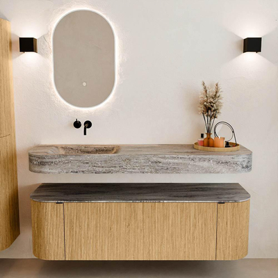 MONDIAZ THOR-DLUX 150cm badmeubel ronding links + rechts kleur Oak met 1 lade en 2 deuren. Vrijhangende wastafel CLOUD Links zonder kraangat kleur Oza.