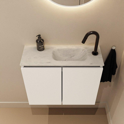 MONDIAZ TURE-DLUX Meuble toilette - 60cm - Talc - EDEN - vasque Opalo - position droite - 1 trou de robinet