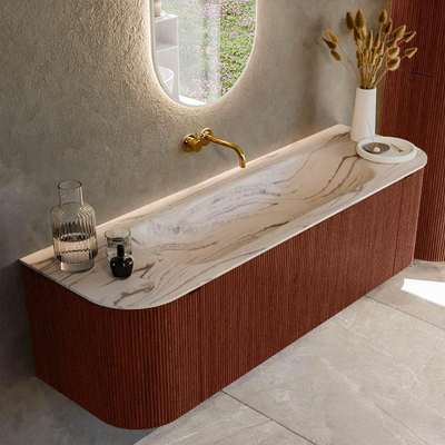 MONDIAZ KURVE-DLUX 150cm badmeubel ronding Links + Rechts kleur Ruby met 1 lade en 2 deuren. Wastafel BIG MEDIUM Midden zonder kraangat Nata.