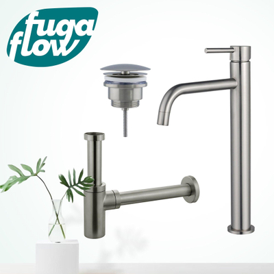 FugaFlow Eccelente Sobrado Badkamer Slim Wastafelkraanset - verhoogde wastafelkraan - always open plug - design sifon - PVD Geborsteld RVS